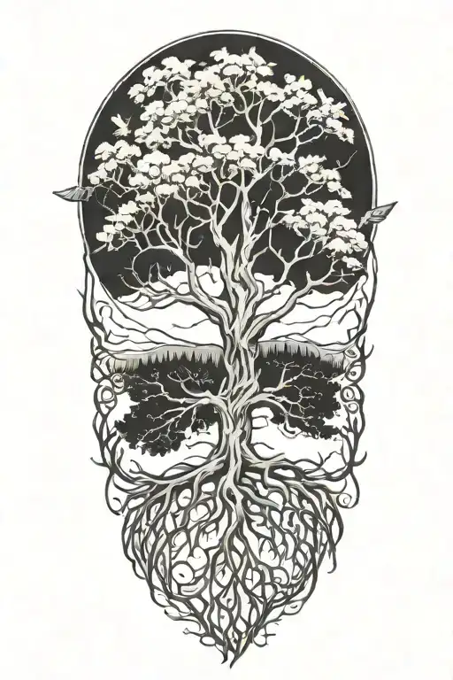 tree of life with roots reaching into halk feathers tattoo design idea