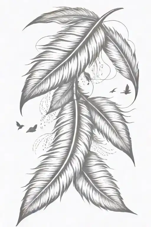 narrow  hanging  feather with small birds tattoo design idea