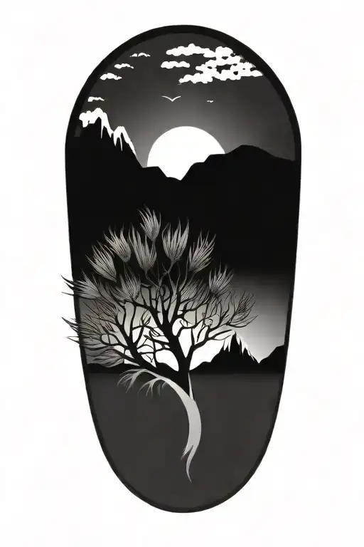 small tree of life in a circle with mountains in the background and multiple large feathers extending below tattoo design idea