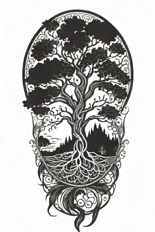 tree of life in a circle with background shading and feathers hanging down from below tattoo design idea