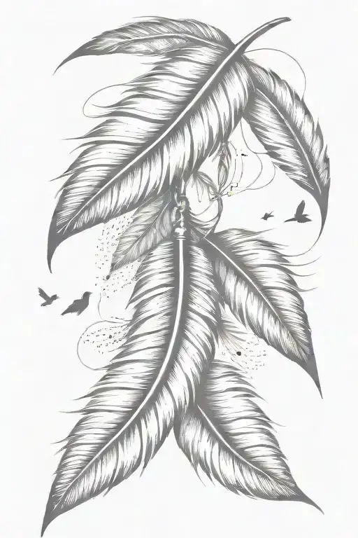 narrow  hanging  feather with small birds tattoo design idea