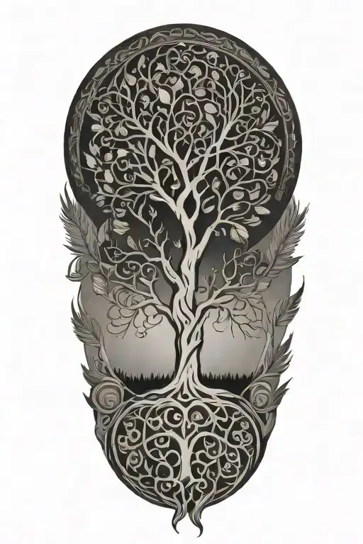 tree of life in a circle with background pattern and feathers hanging down from below tattoo design idea