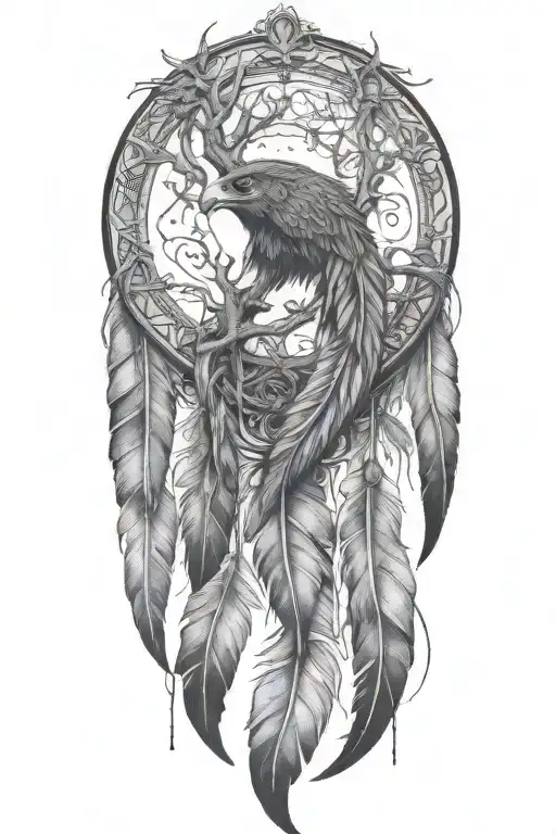 2 long feathers hanging down and tree of life in the centre tattoo design idea