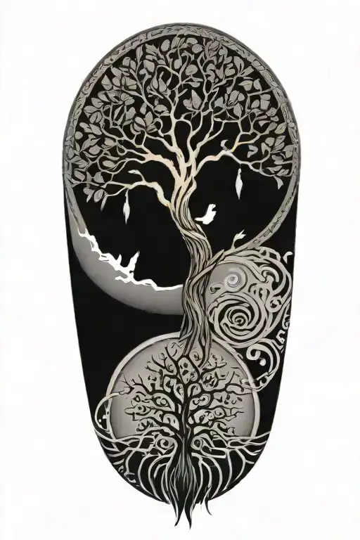 tree of life in a circle with background shading and feathers hanging down from below tattoo design idea