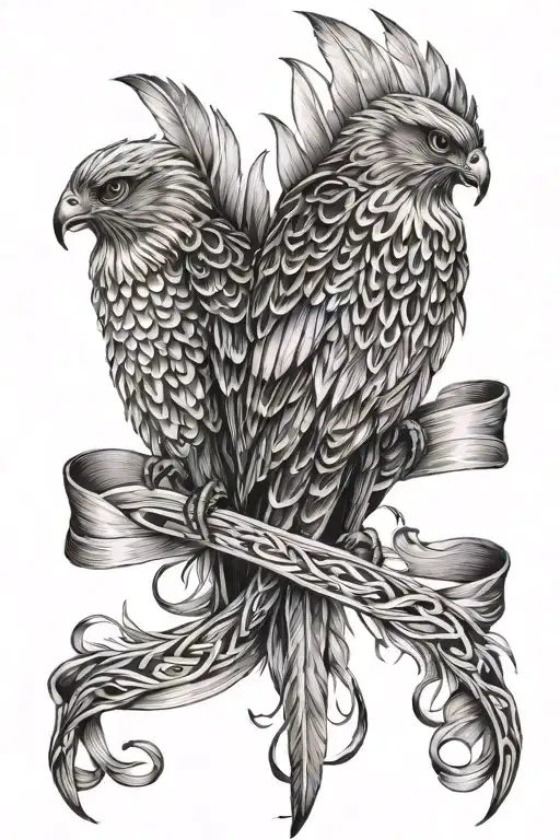 hawk feathers entwined with ribbon tattoo design idea