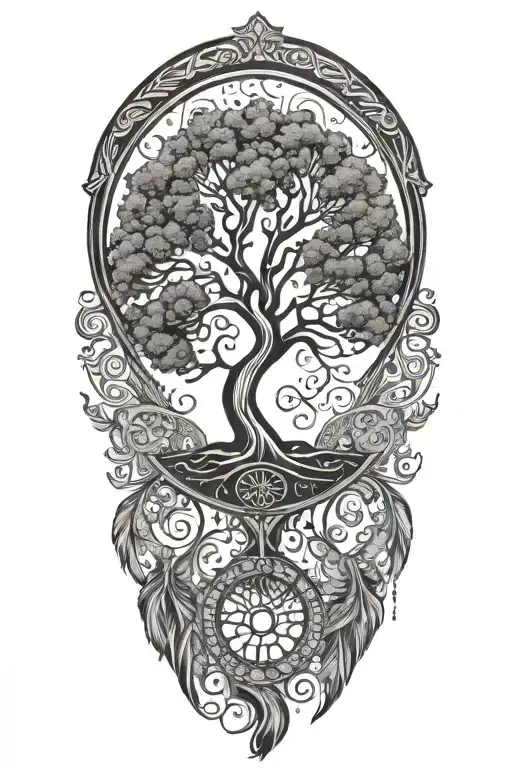 tree of life in a circle with background pattern and feathers hanging down from below tattoo design idea