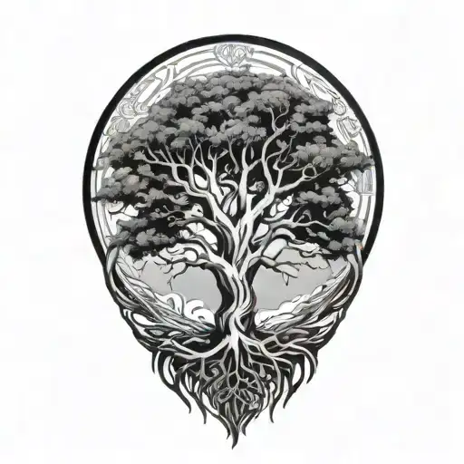 tree of life with roots reaching into hawk  feathers tattoo design idea