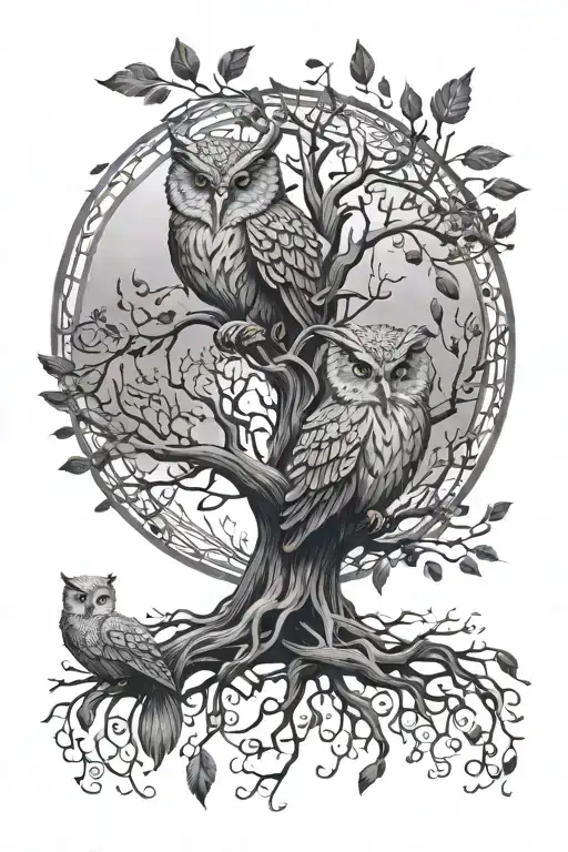 black grey tree of life intertwined with owl feathers which come down underneath tattoo design idea
