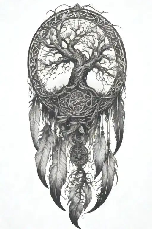 long feathers hanging down and lighting tree of life in the centre tattoo design idea