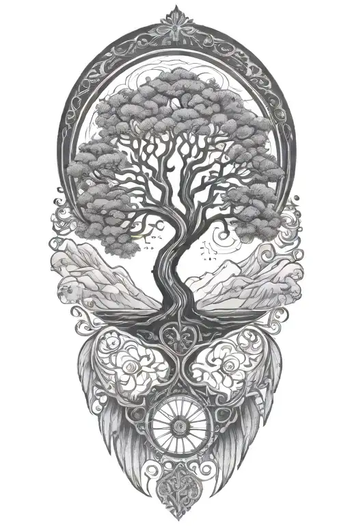 tree of life with mountains behind tattoo design idea
