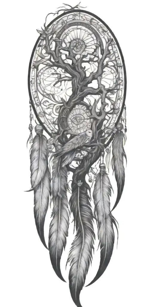 2 long feathers hanging down and tree of life in the centre tattoo design idea