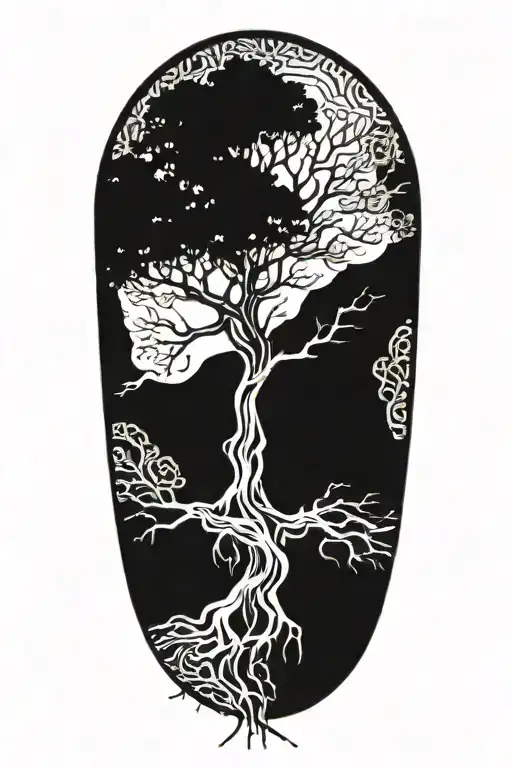 tree of life with roots reaching into halk feathers tattoo design idea