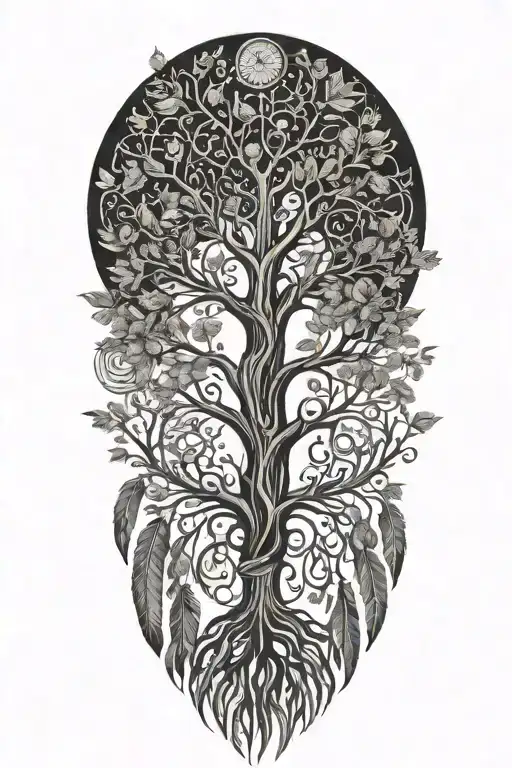 long feathers hanging upside down and tree of life tattoo design idea