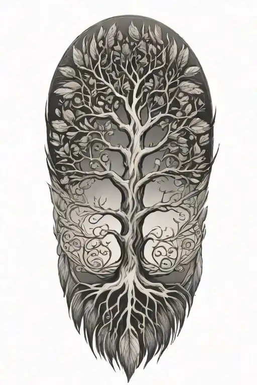 tree of life with long feathers hanging upside down tattoo design idea