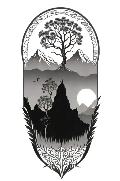 small tree of life with mountains in the background and multiple large feathers extending below tattoo design idea