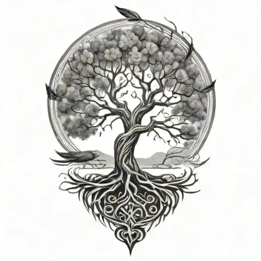 tree of life with roots reaching into hawk  feathers tattoo design idea