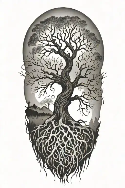 tree of life with roots reaching into halk feathers tattoo design idea