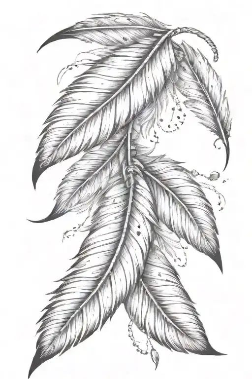 intricate hanging feathers with one longer feather and small birds tattoo design idea