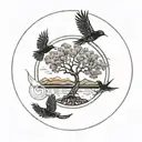 tree of life in a circle with mountains in the background and birds flying with feathers round the circle tattoo design idea