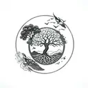 tree of life in a circle with mountains in the background and birds flying with feathers round the circle tattoo design idea