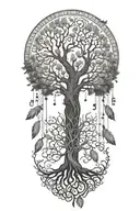 long feathers hanging upside down and tree of life tattoo design idea