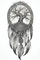 long feathers hanging down and lighting tree of life in the centre tattoo design idea