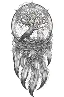 long feathers hanging down and lighting tree of life in the centre tattoo design idea