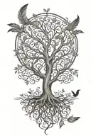 tree of life with shading and feathers coming from its roots tattoo design idea