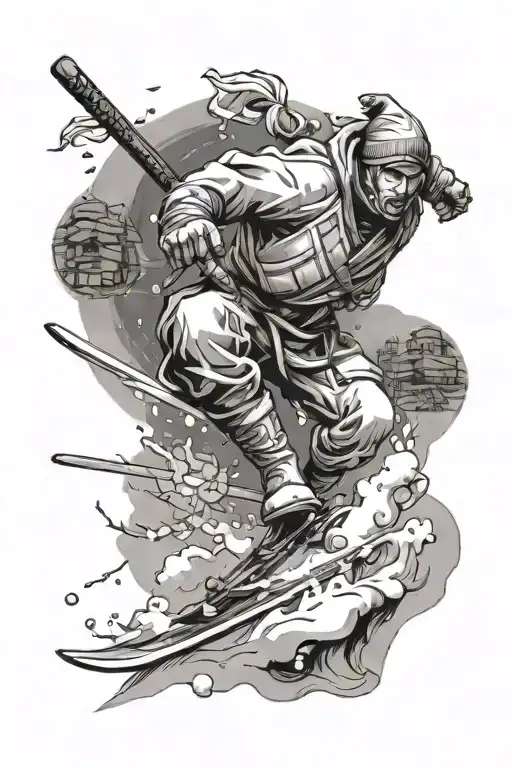 A sketch of a jiu jutsu practitioner carving through snow on skis tattoo design idea