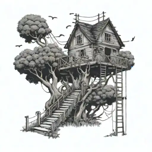 A treehouse with a ladder made of electrical wires, representing the love for woodworking and electrical work tattoo design idea