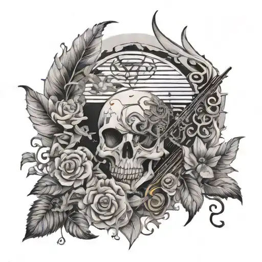 A surreal tattoo design combining elements of music, nature, and the Grateful Dead aesthetic in a black and grey style tattoo design idea