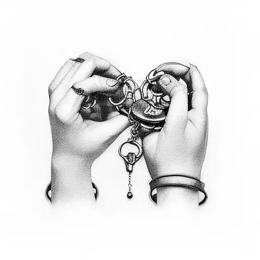 woman hand which are in handcuffs, praying and holdign a cherry tattoo design idea