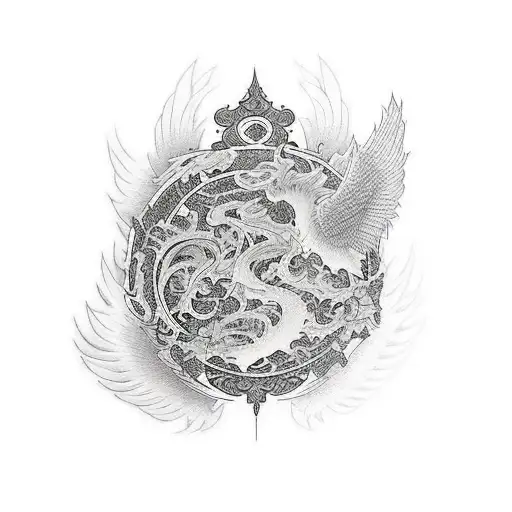 An elegant tattoo design featuring angels and Japanese motifs tattoo design idea