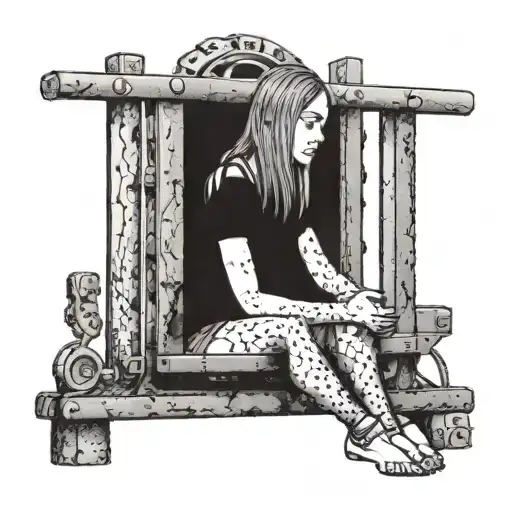 prison cell with a young girl leaning on the metal bar tattoo design idea