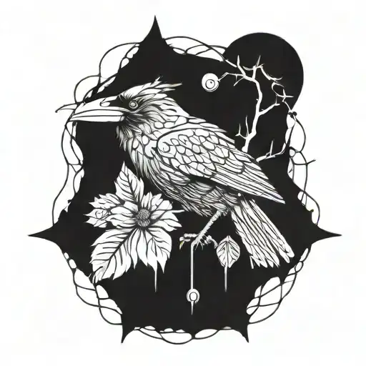 A fusion of an illustrator's tools and a six-eyed crow, creating a unique and symbolic tattoo design tattoo design idea