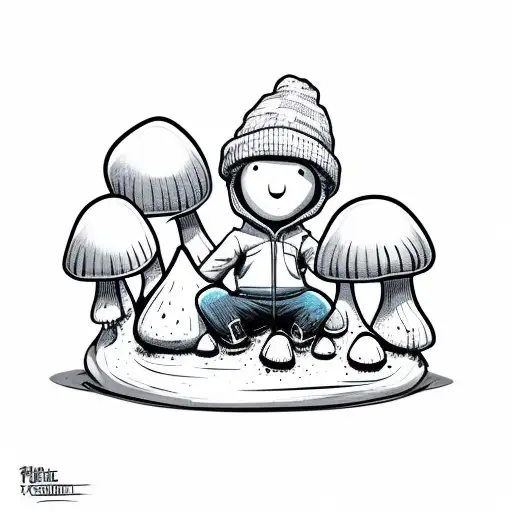 cartoon guy with beanie jacket and baggy jeans sitting next to grave with 3 small mushrooms growing out of it, graffitti tattoo design idea