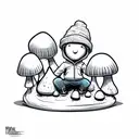 cartoon guy with beanie jacket and baggy jeans sitting next to grave with 3 small mushrooms growing out of it, graffitti tattoo design idea
