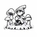 cartoon guy with beanie jacket and baggy jeans sitting next to grave with 3 small mushrooms growing out of it, graffitti tattoo design idea