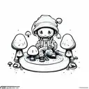 cartoon guy with beanie jacket and baggy jeans sitting next to grave with 3 small mushrooms growing out of it, graffitti tattoo design idea