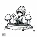 cartoon guy with beanie jacket and baggy jeans sitting next to grave with 3 small mushrooms growing out of it, graffitti tattoo design idea