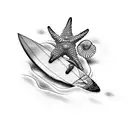 A beach-inspired tattoo with surfboards, flip flops, and shells tattoo design idea