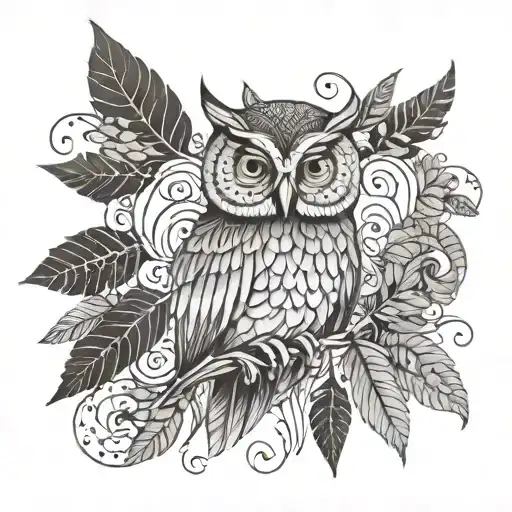 A whimsical design of a wise owl perched on a cannabis leaf, with intricate patterns and textures inspired by nature's beauty and wisdom tattoo design idea