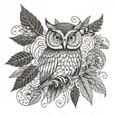 A whimsical design of a wise owl perched on a cannabis leaf, with intricate patterns and textures inspired by nature's beauty and wisdom tattoo design idea