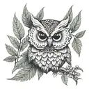 A whimsical design of a wise owl perched on a cannabis leaf, with intricate patterns and textures inspired by nature's beauty and wisdom tattoo design idea