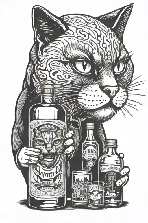 angry cat and whiskey bottles capturing the client's passion tattoo design idea