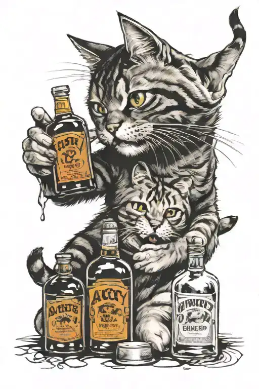 angry cat and whiskey bottles capturing the client's passion tattoo design idea