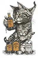 angry cat and whiskey bottles capturing the client's passion tattoo design idea