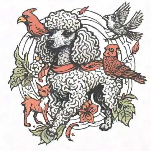 poodle surrounded by cardinals flying together tattoo design idea