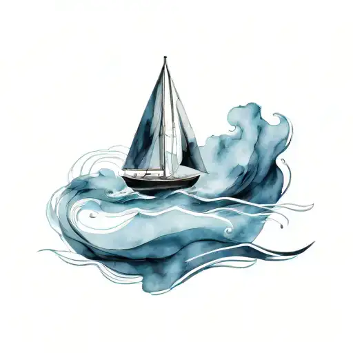 An abstract black sailboat with minimal dark blue watercolor waves. Dont use brown tattoo design idea