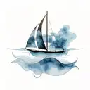 An abstract black sailboat with minimal dark blue watercolor waves. Dont use brown tattoo design idea